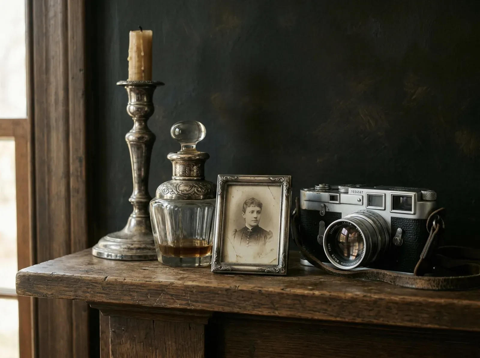 Silver candlestick, perfume bottle, photo frame and vintage Leica camera