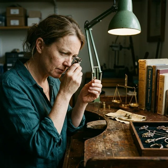 Specialist examining a piece of jewellery at a workbench