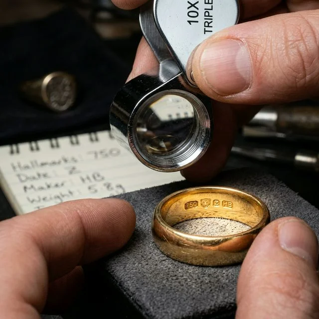 Close inspection of a gold ring hallmark during valuation