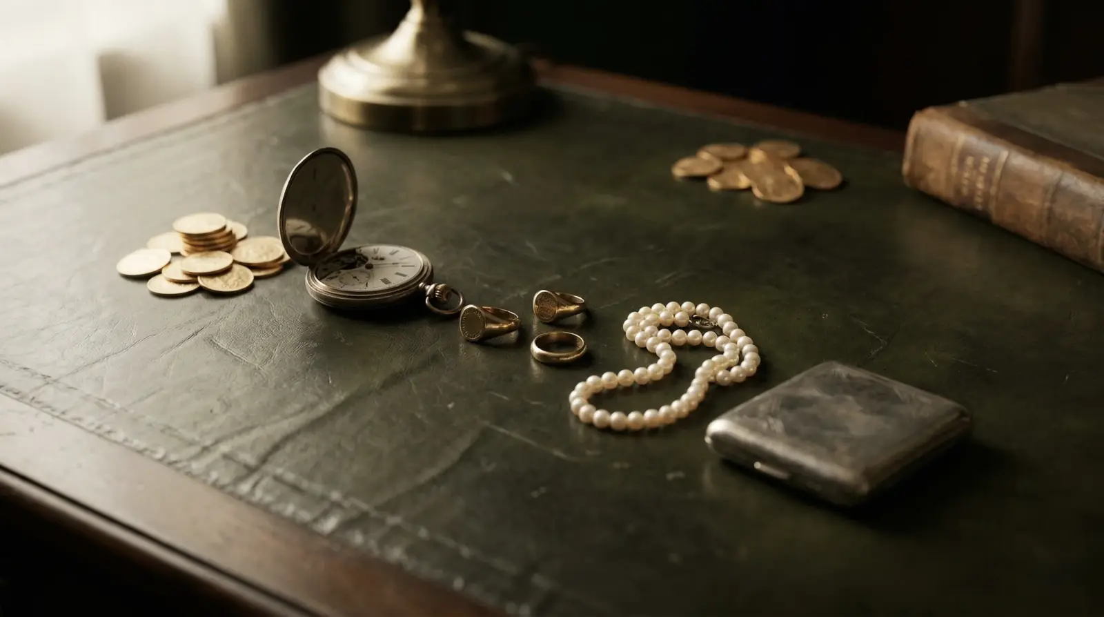 Gold pocket watch, sovereigns, pearl necklace and antique rings on a leather desk