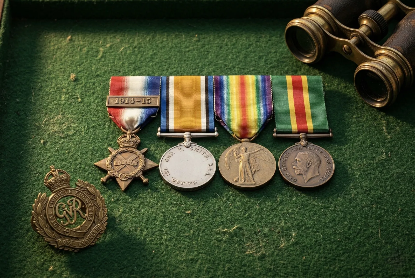 WWII campaign medals with ribbons and a Royal Artillery cap badge on green baize