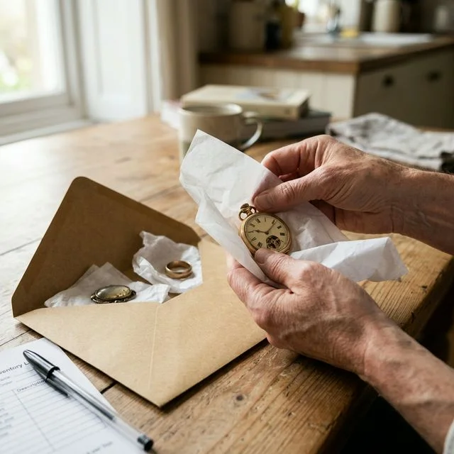 Customer wrapping a pocket watch in tissue paper ready to post