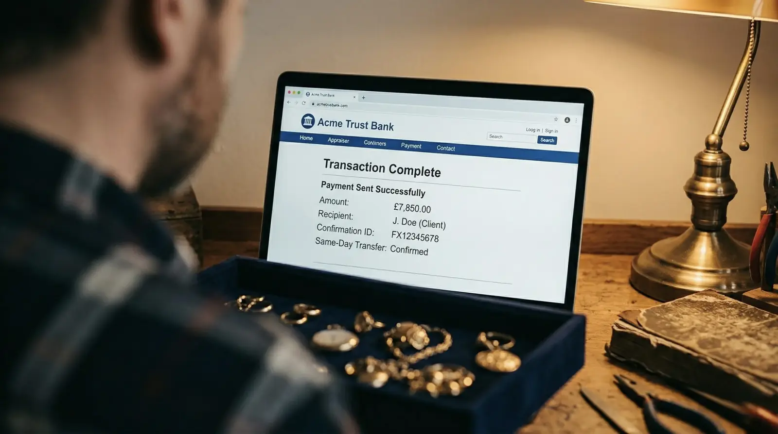 Bank transfer confirmation screen showing successful payment to customer