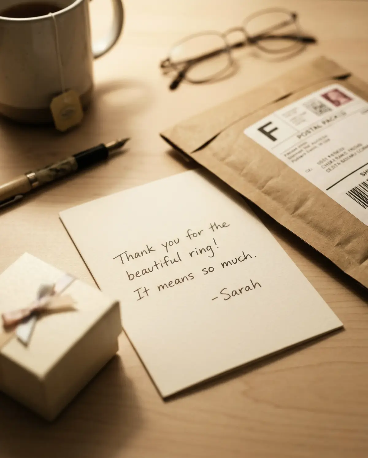 A handwritten thank-you note beside a postal pack