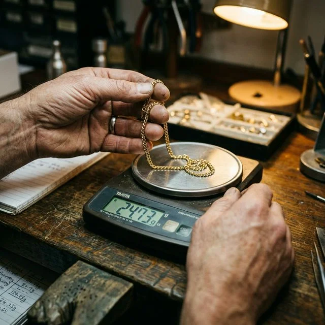 Gold chain being weighed on digital scales