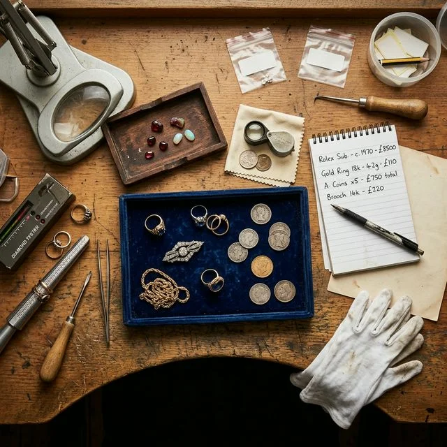 Specialist assessment workbench with items laid out for valuation